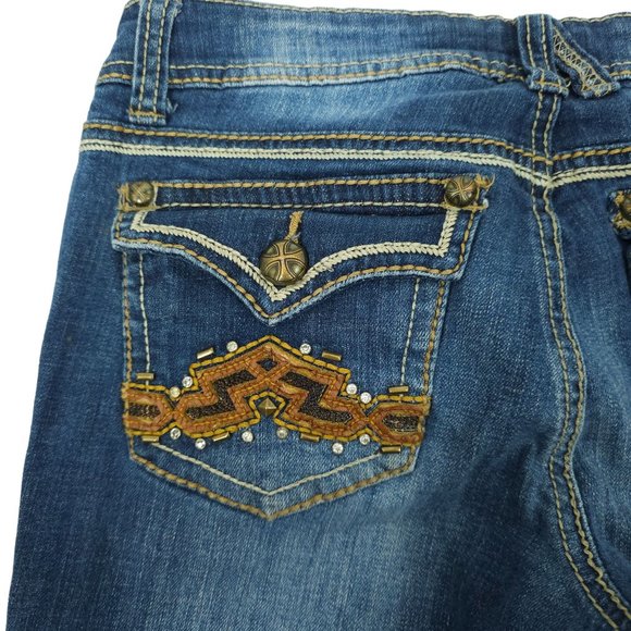 Antique Rivet Jeans BootCut Western Low Rise Sz 29 Rhinestone Stretch Distressed - Picture 4 of 14